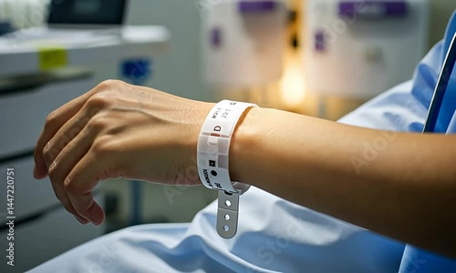 Patient's wrist with hospital bracelet in room; blue sheet visible