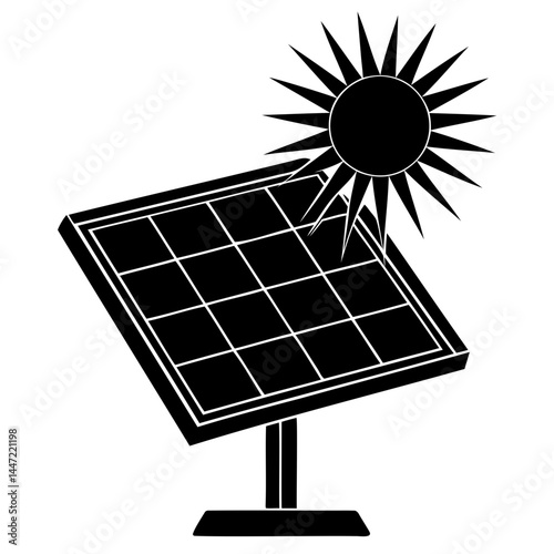Solar panel and sun illustration for renewable energy and sustainable power solutions for the environment isolated on transparent background