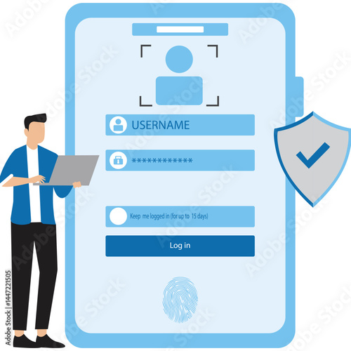 Face recognition face id system concept,Male cartoon character with smartphone. Face recognition. Finger print unlock. Two step verification