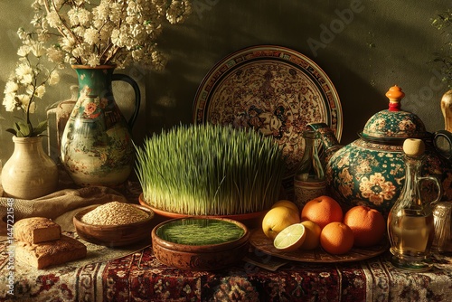Celebrating rebirth with sprouting wheat grass: joyful Nowruz, a joyous celebration of cultural customs and nature's rebirth. Generative Ai