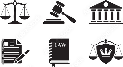 A vector silhouette style icon set of legal and law concepts