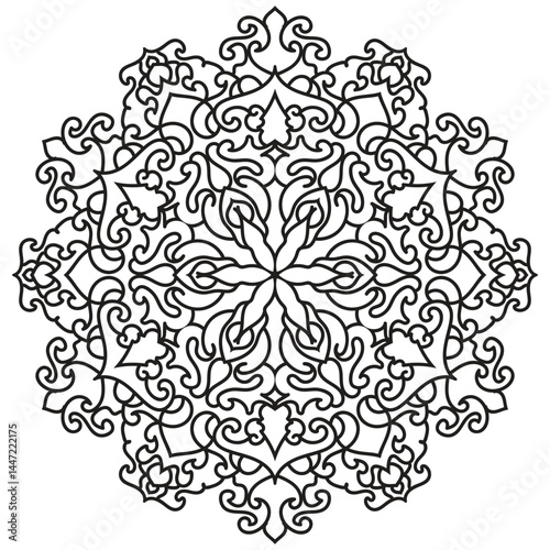 Elegant Floral Mandala Line Art with Symmetrical Leaf Pattern for Coloring, Luxury Decoration, Ethnic Design, and Tattoo or Vector Artwork Use