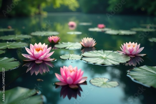 Water lilies create floral pattern across tranquil lake, floral, bloom