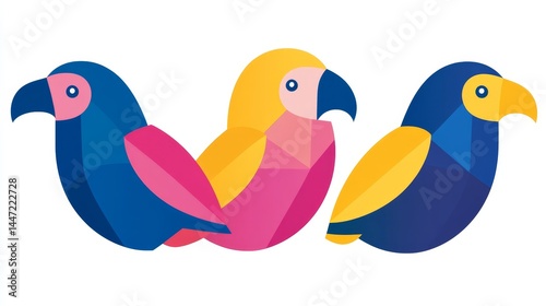Vibrant stylized parrots a geometric trio of tropical birds showcasing modern vibrant color palettes against a clean background graphic elegance photo