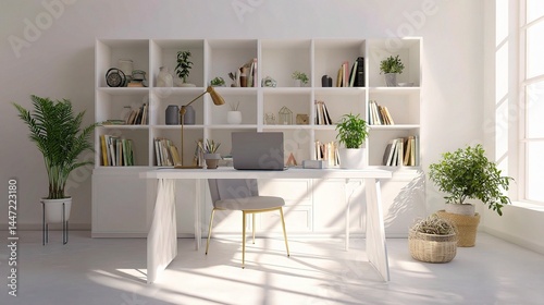 Modern White Desk Setup with Laptop and Indoor Plants in Bright Space