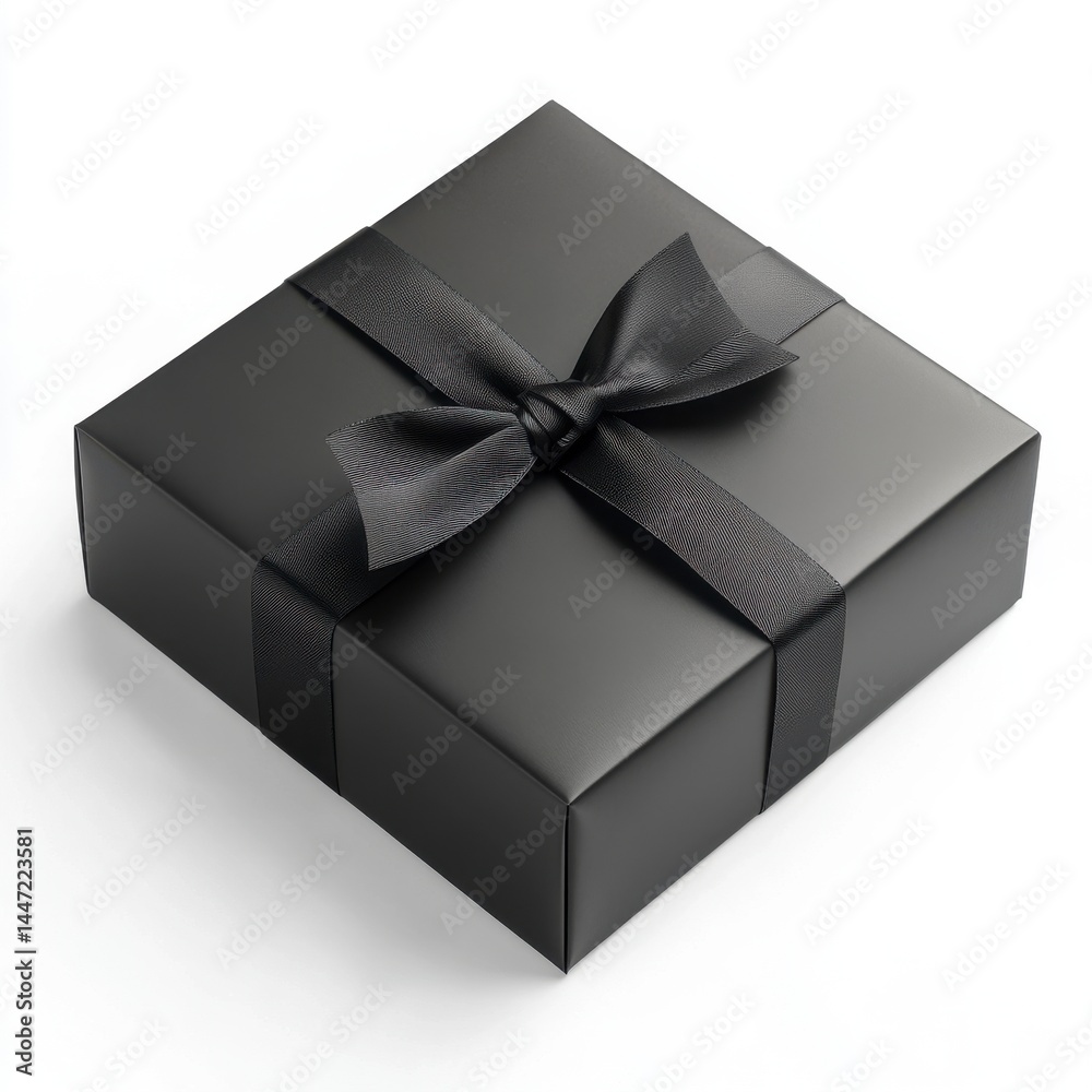 Elegant Black Gift Box with Ribbon Bow on White Background Elegant Black Gift Box with Ribbon Bow on White Background