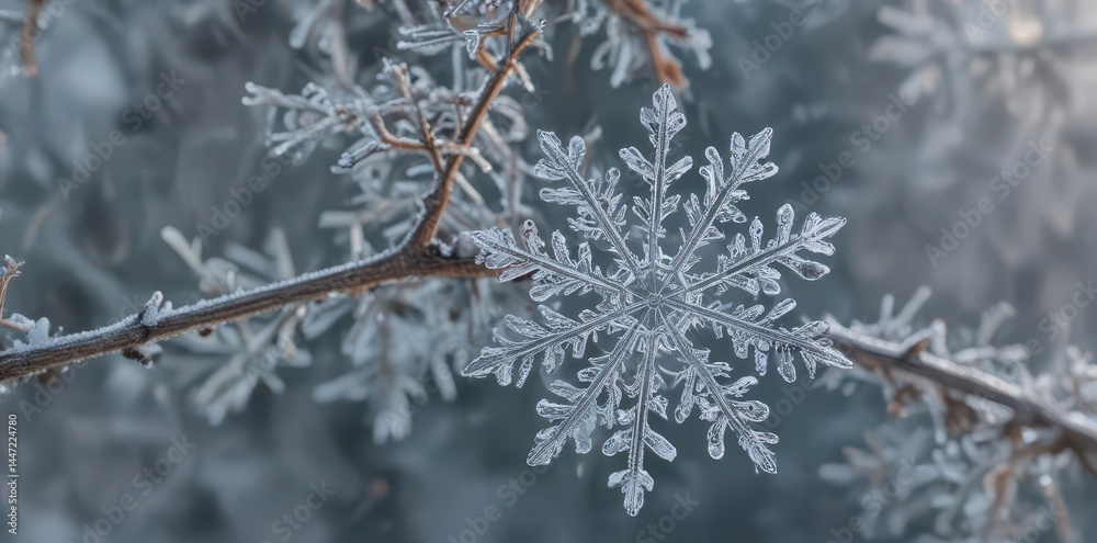 A single, intricate snowflake rests gently on a frosty branch , miracle, sharp, clean A single, intricate snowflake rests gently on a frosty branch , miracle, sharp, clean