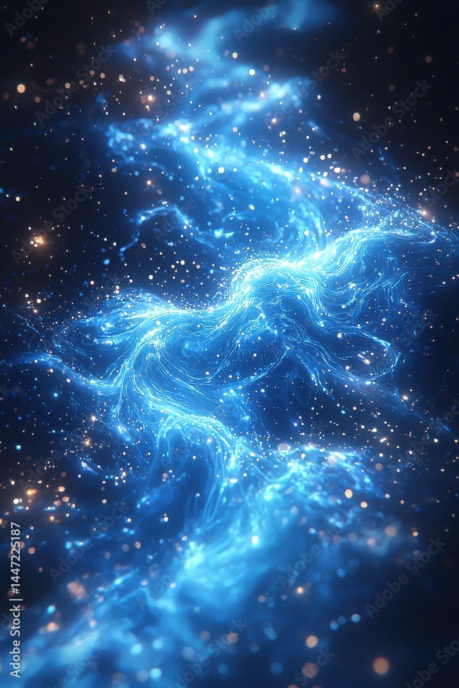 Fototapeta premium Bright blue swirling energy surrounded by shimmering particles in a cosmic display