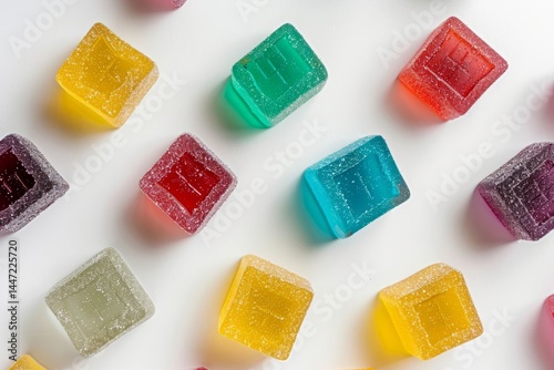 Variety of Delicious color gummy Candies on a White Background, top view. AI generative