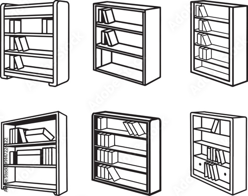 set of bookself line art, black outline, vector and illustration, coloring book page line art drawing