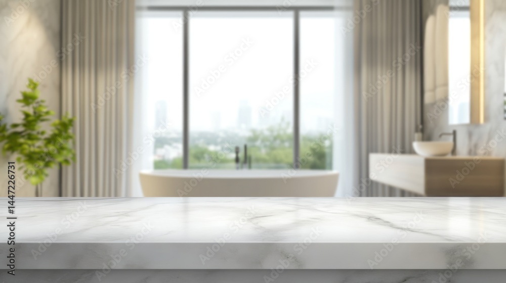 Fototapeta premium Elegant Marble Bathroom Countertop with Blurred Background