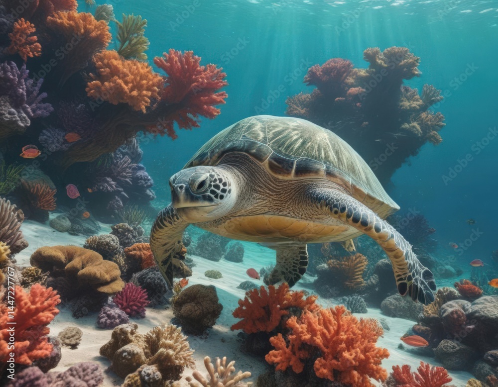 Fototapeta premium Green sea turtle gracefully swims above vibrant coral reef , nature, coral reef ecosystem