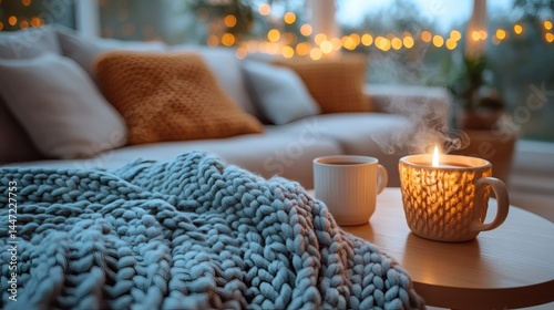Wallpaper Mural Warm beverage beside a lit candle with soft blanket and sofa creating a relaxing ambiance, home setting, indoor scene on a transparent background, PNG image, PNG file. Torontodigital.ca
