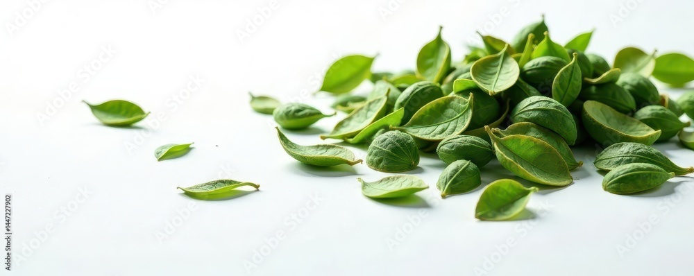 Naklejka premium Scattered dried green tea leaves on pristine white background , tea ceremony, tea time