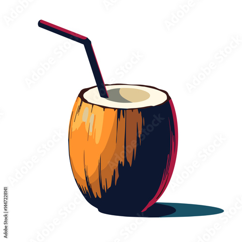 Bold coconut drink illustration with straw on white background, sensuality