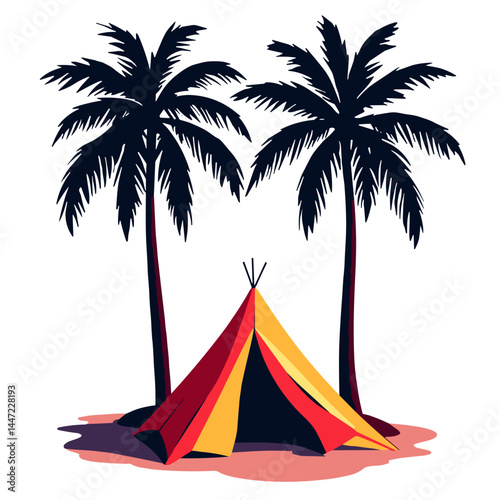 Vibrant tent under palm trees in pop art style, bold self-expression