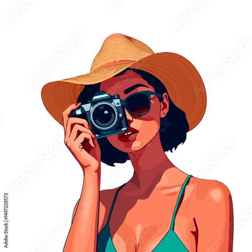 Confident woman taking photo with camera in straw hat, bold self-expression