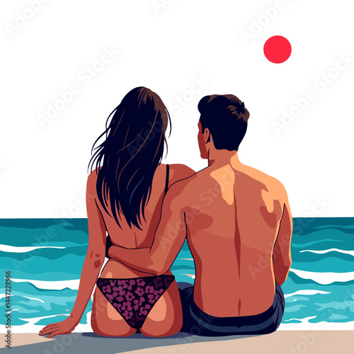 Couple enjoying the sea at sunset, confidence and sensuality