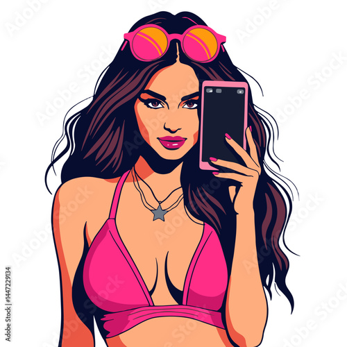 Confident woman taking a selfie in pink bikini, summer vibes