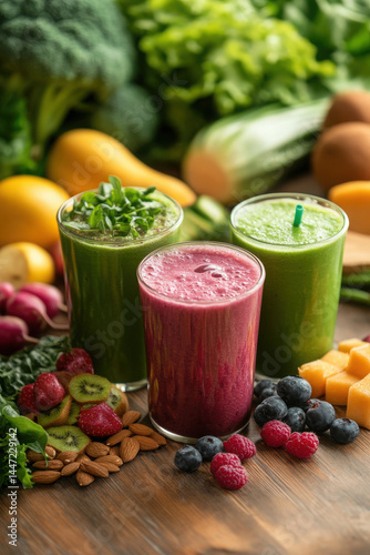 Wallpaper Mural of fresh fruits and vegetables on wooden table vibrant smoothies and nutritious salads organic products in kitchen. Torontodigital.ca