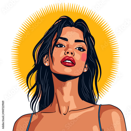 Confident girl with wet hair under sun, bold self-expression