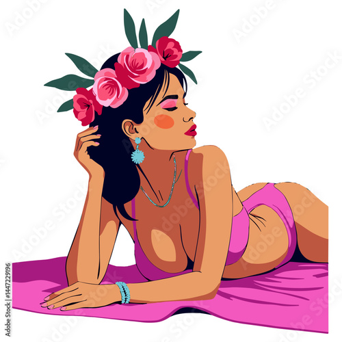 Confident woman posing with flower crown on towel, vibrant self-expression