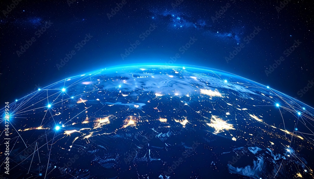 Fototapeta premium Earth seen from space at night network connections and milky way