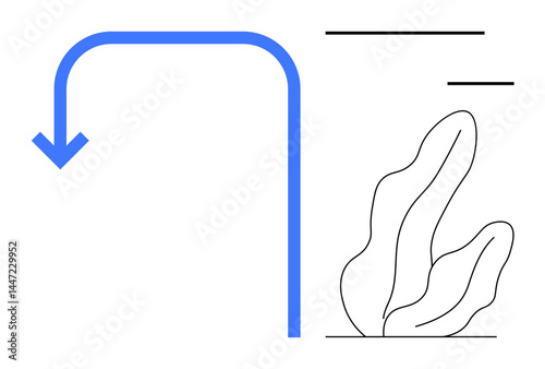 Blue curved arrow pointing down, abstract plant-thumbs up shapes, and clean geometric lines. Ideal for navigation, simplicity, eco-design, modern themes, flow concepts, guidance simple landing page