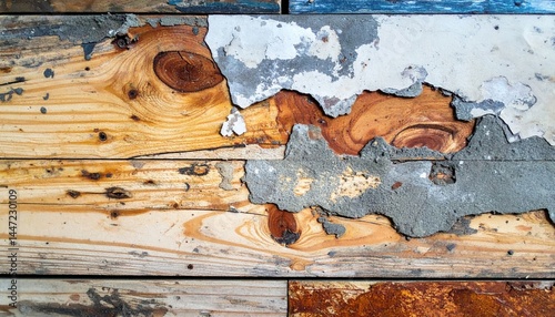 Background shows weathered wood planks with peeling gray paint, conveying a rustic, aged aesthetic and a sense of time's passage. photo