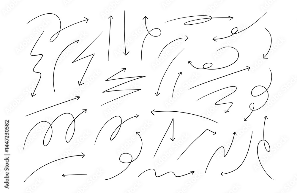 Hand Drawn Curved And Wavy Arrow. A flowing collection of 31 black hand drawn arrows in various curved wavy and looped styles including swirl, zigzag, spirals, and more. Perfect for dynamic expressive