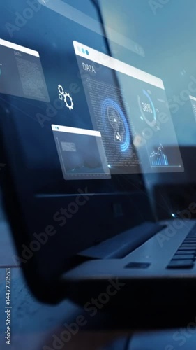 woman analyst uses a computer AI artificial intelligence and dashboard for data business analysis and Data Management System with KPI and metrics connected to the database for technology finance,