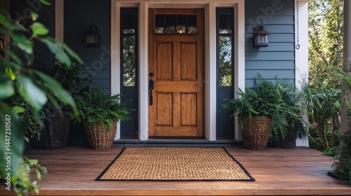 Inviting Front Porch Scene with Wooden Door and Lush Greenery creating a cozy and welcoming atmosphere