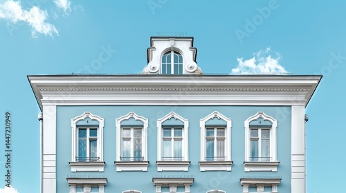 Maison de plain-pied avec une faÃ§ade grise et des bordures blanches, dotÃ©e de petites fenÃªtres. Un ciel magnifique sert  photo
