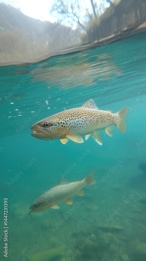 Naklejka premium Trout swimming in a clear river, a peaceful moment in nature's aquatic harmony