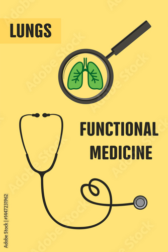 Pulmonology functional health concept with lung anatomy and medical equipment.