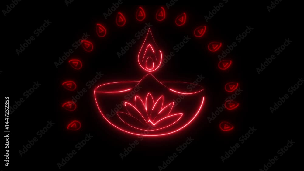 Neon glowing Outline diya icon with editable stroke. Linear golden Diya lamp with fire and lotus flower, Deepavali. Happy Diwali, Festival of the Lights in country.