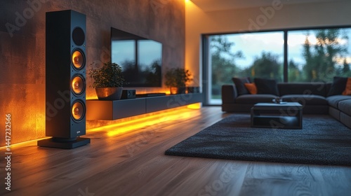 Stylish speaker system stands elegantly in a modern living room with dim lighting, creates a serene ambiance in a luxurious interior, on a transparent background, PNG image, PNG file.