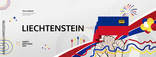 Liechtenstein National Day modern greeting banner. 15 August Happy Independence Day. Festive horizontal templates in flag colors, great for carnival event, poster, tourism campaign, and holiday sale
