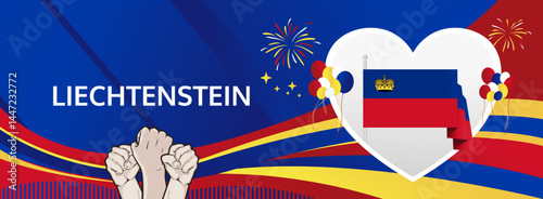 Liechtenstein National Day modern greeting banner. 15 August Happy Independence Day. Festive horizontal templates in flag colors, great for carnival event, poster, tourism campaign, and holiday sale