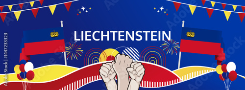 Liechtenstein National Day modern greeting banner. 15 August Happy Independence Day. Festive horizontal templates in flag colors, great for carnival event, poster, tourism campaign, and holiday sale