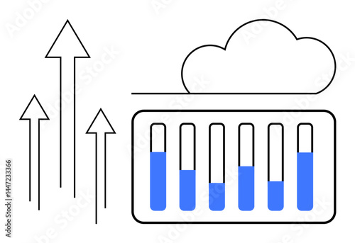 Cloud with bar chart and upward arrows representing data management, analytics, growth, technology, innovation. Ideal for business, technology, statistics, data visualization progress cloud