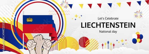 Liechtenstein National Day modern greeting banner. 15 August Happy Independence Day. Festive horizontal templates in flag colors, great for carnival event, poster, tourism campaign, and holiday sale