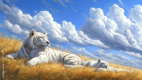Majestic white tigress resting serenely with her cub against a backdrop of fluffy clouds and blue sky creating a tranquil composition