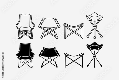 folding chair, portable seating, picnic chair, cab, saddle outline, line art, filled, glyph style icon symbol element designs set for adventure, outdoor, explorer, camping, picnic