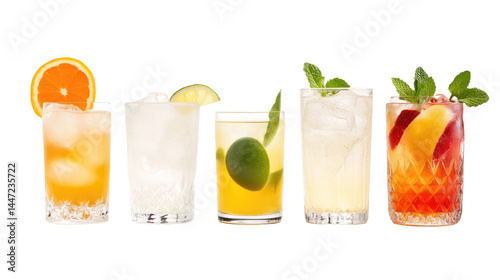 Gin Fizz, Ramos Gin Fizz, Gin Rickey, and Gin & Tonic Cocktails with Citrus Garnish – PNG Set

