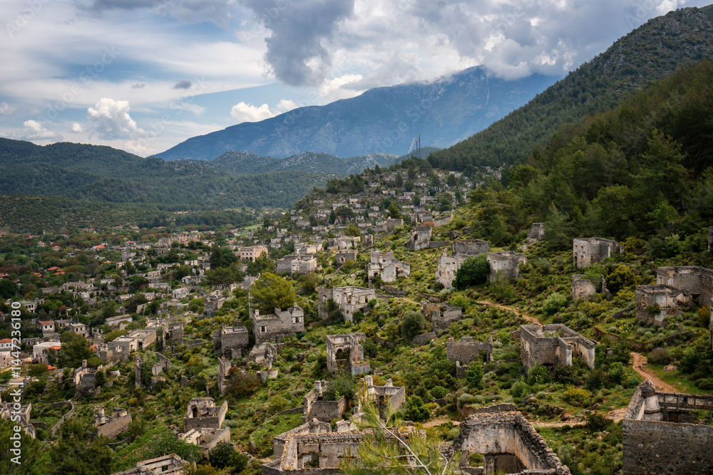 Kayakoy greek ghost town overlooking lush valley in Fethiye Kayakoy greek ghost town overlooking lush valley in Fethiye