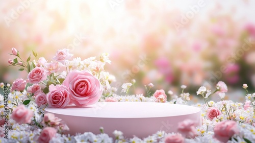 A pink podium surrounded by pink roses and white daisies, with a blurred floral background.