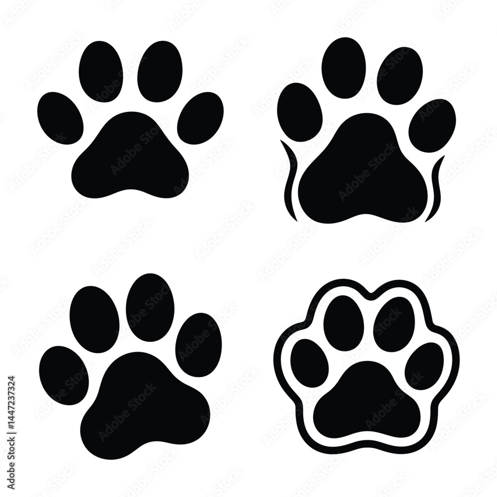 Set of Black Dog Paw Prints Icons – Vector Collection