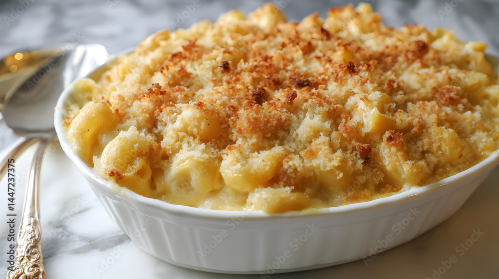 Creamy Baked Macaroni and Cheese with Golden Crust Served in Elegant White Dish on Marble Surface Creamy Baked Macaroni and Cheese with Golden Crust Served in Elegant White Dish on Marble Surface