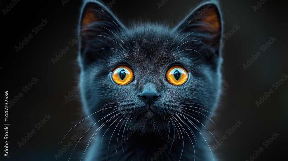 Fototapeta premium This charming black kitten with striking yellow eyes is lounging comfortably against a warm yellow backdrop, her swirling coat patterns attracting attention.